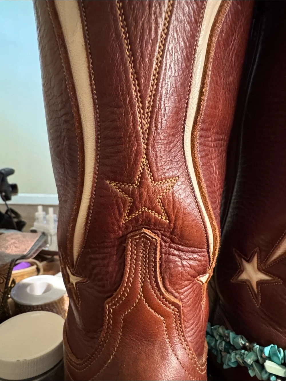 Lucchese Brown Leather Western Heeled Boots with Turquoise Accents - Picture 5 of 8